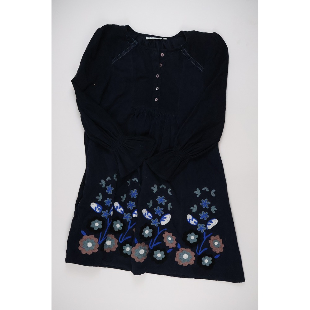 Ro's Garden Embroidered Mini Dress Navy Blue Floral XS Cotton Corduroy